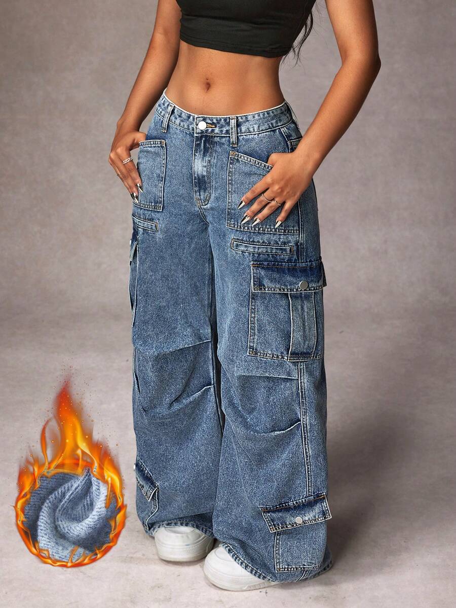 SHEIN ICON 女士休闲时尚街头翻盖口袋宽松保暖内衬阔腿工装牛仔裤，秋冬款 - 藍色 - 查看 1