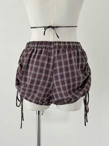 Sunspun Plus Size Plaid Drawstring Tie Bubble Shorts - Multicolor - View 2