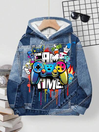 SHEIN Teen Boy Casual Minimalist Cartoon Game Console Pattern Loose Comfortable Long Sleeve Hoodie Sweatshirt, Suitable For Autumn/Winter