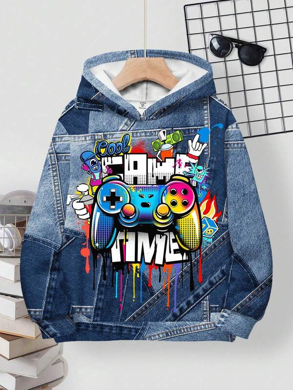 SHEIN Teen Boy Casual Minimalist Cartoon Game Console Pattern Loose Comfortable Long Sleeve Hoodie Sweatshirt, Suitable For Autumn/Winter