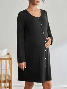 BloomMama Maternity Solid Color Button Front Dress Loungewear, Winter - Black - View 3