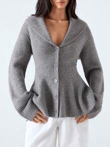 LYSMO 2025新款极简主义冬季女式灰色纯色长袖单排扣荷叶边针织开衫，秋冬灰色纽扣开衫，新年和圣诞节时尚单品，秋季 - 灰色 - 查看 4