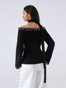 LYSMO 1 Peça Suéter Ombro Caído com Babado + Mini Lenço para Mulheres - Preto e Branco - Visão 2