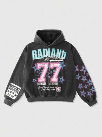 Plus Size Men's Pentagram & Letter Print Distressed Loose Fit Hoodie Sweatshirt