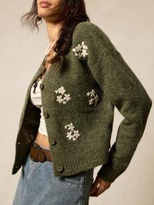 SoleilVie 女士优雅法式钩针开衫 - 軍綠色 - 查看 2