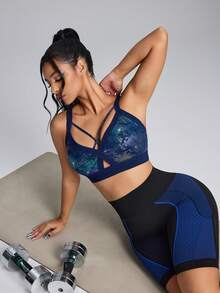 Innovista Innovista 女士休闲运动瑜伽舞蹈跑步健身文胸 女士蛇纹印花交叉镂空无钢圈支撑运动文胸 - 藍色 - 查看 11
