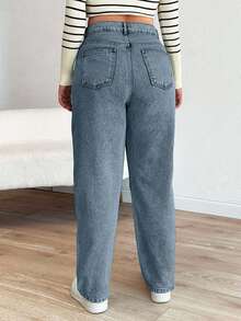 EURMUSE Cottnline Mom Fit Plus Jeans With Snow Wash, - Blue - View 2