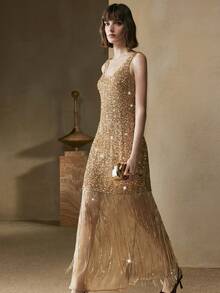 Arave 女式亮片装饰无袖圆领紧身连衣裙，流苏边，优雅约会之选 - 香檳色 - 查看 7