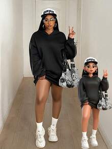 Maweii فستان بلوفر قصير فضفاض بسحاب وكابوشون بأكمام طويلة ذو لون أحادي، مناسب للخروجات والتنقلات اليومية للمرأة ذات المقاسات الكبيرة