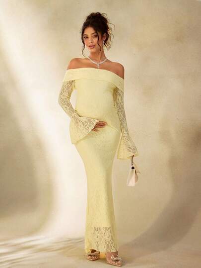 Cheriluna Maternity Vestido de maternidade elegante de renda, manga comprida e ombro de fora para sessão de fotos e festa