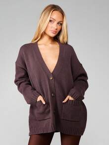 MISSGUIDED Áo khoác cardigan dệt kim cổ chữ V cài nút phía trước cỡ lớn có viền gân dày và túi phía trước - Cà phê nâu - Xem 6