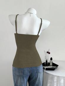 Elamini Damen Spitze Patchwork Strick Hoch Elastisch Geripptes Trägerhemd - Olivgrün - Übersicht 2