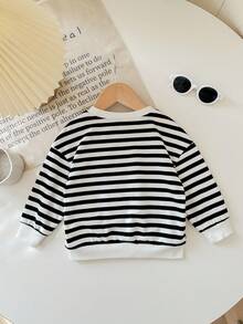SHEIN Babygirl Cute Versatile Knitted Striped Heart Pattern Long Sleeve Sweatshirt, Autumn/Winter - Black and White - View 2