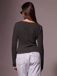Athîral Chaqueta de punto con medio botón en color liso y textura de tela para mujer, primavera/otoño - Gris Oscuro - Ver 4