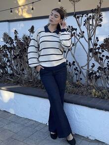 Andrea Bello Pulover tricotat cu guler înalt și dungi colorate pentru femei, pulover tricotat toamnă/iarnă