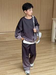 SHEIN Set de 2 piezas de sudadera y pantalón de chándal con efecto degradado para niño preadolescente, adecuado para ir y venir, la escuela, uso casual diario, deportes, otoño/invierno - Negro - Ver 4
