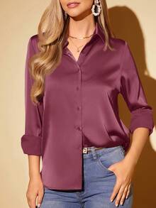 Amorya Damen elegante einfarbige Acetat-Satin Kragen Langarm Bluse - Korallenrosa - Übersicht 4