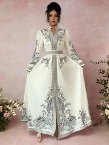 Rafferiza Vintage Floral Print V-Neck Lantern Sleeve Ruffle Hem Dress For Women, Resort & Palace Style