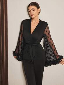 Slumberist Heart Mesh Patchwork 3D Floral Decor Top And Pants Pajama Set, Winter Clothes - Black - View 3