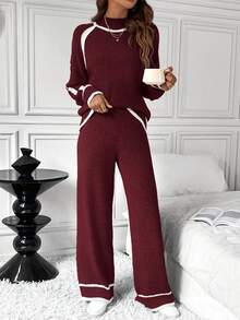 SHEIN LUNE Bộ 2 áo len màu tương phản rộng rãi thoải mái cho nữ - Màu Đỏ Sâu - Xem 4