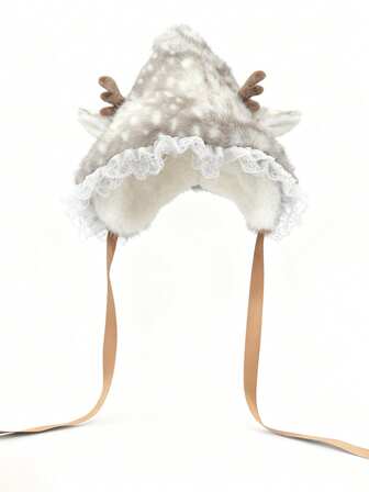 Kawaii 1 pezzo Cappello invernale da donna in stile Mori Girl con finta pelliccia e corna di cervo, con pizzo, cappello caldo e spesso con protezione per le orecchie