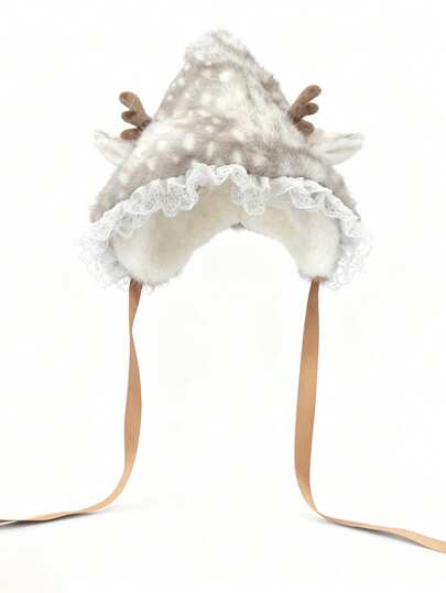 Kawaii Women Winter 1pc Mori Girl Style Faux Furry Deer Antlers Lace Headband Hat, Cute Lace Trim Hat, Winter Thick Warm Ear Protection Hat