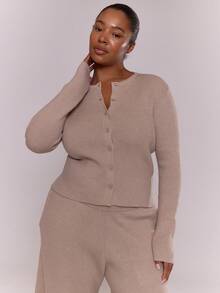 MUSERA Plus Size Button Up Long Sleeve Cardigan Relaxed Elasticated Knit Trousers Ribbed Knit Set Classy Sexy Streetwear Night Out Spring - Grey - View 5