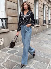 Pariaura Women's Elegant Design White Lace Patchwork V-Neck Tie Waist Polka Dot Casual French Style Short Black Blouse, Long Sleeve - Black - View 4