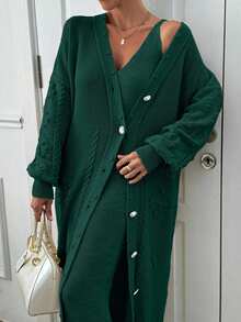 EURMUSE Ponpon And Stone Button Detail Maxi Long Cardigan