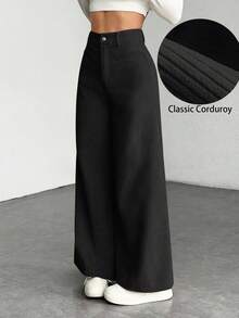 SHEIN EZwear 秋冬大码厚灯芯绒纯色前扣休闲阔腿裤 - 黑色 - 查看 1