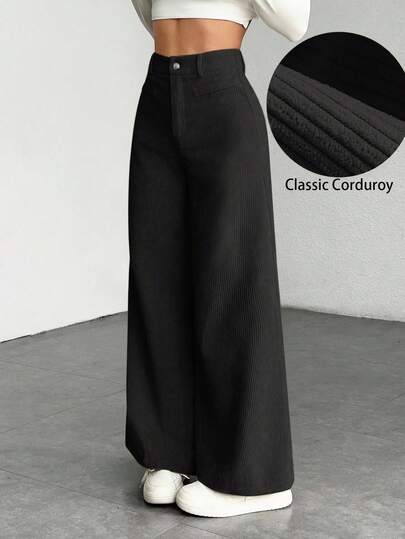 SHEIN EZwear 秋冬大码厚灯芯绒纯色前扣休闲阔腿裤