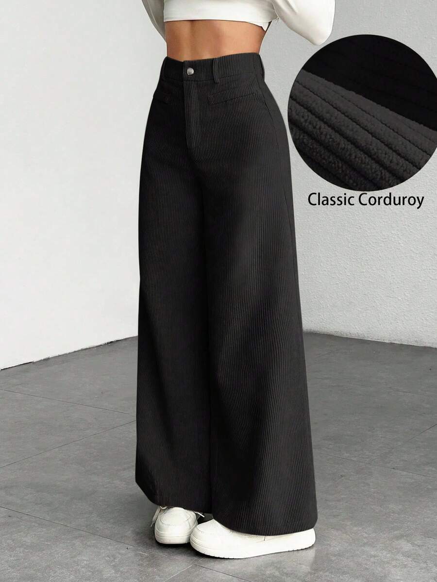 SHEIN EZwear 秋冬大码厚灯芯绒纯色前扣休闲阔腿裤 - 黑色 - 查看 1