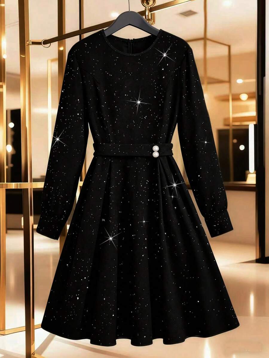 GlowEve Women's Elegant Silver Glitter Round Neck Waist Cinched Pearl Button Lantern Sleeve Midi Dress - Black - View 1