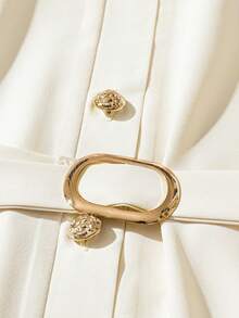 GlowEve 女士优雅简约圆领单排扣短袖系带中长连衣裙 - 杏色 - 查看 5