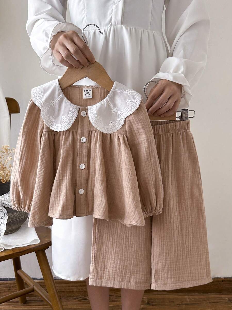 SHEIN Baby Girl 6Months-3year 2pcs/Set Fall Outfits For Girl Casual Daily Style Loose Suit, Long Sleeves Peter Pan Collar Button Top&Long Simple Basic Pants - Apricot - View 1
