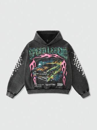 Plus Size Men's Letter & Car Print Washed Loose Fit Hoodie Sweatshirt