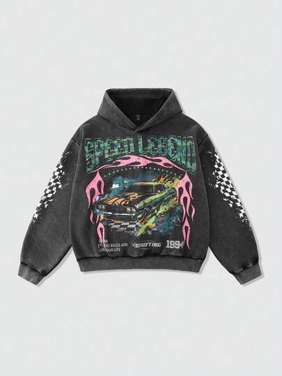 Plus Size Men's Letter & Car Print Washed Loose Fit Hoodie Sweatshirt