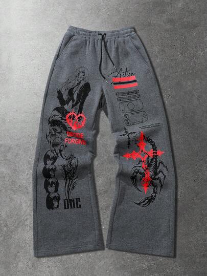 Pantalones de chándal casuales para hombres con estampado gráfico de dibujos animados y cordón en la cintura
