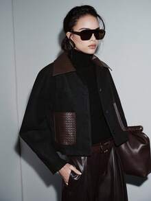 Lumivelle 女士冬季外套，时尚系列，拼接仿皮PU和格子领口袋设计夹克 - 彩色 - 查看 4