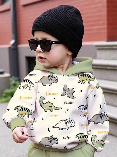 SHEIN 男婴休闲宽松舒适柔软针织连帽套头衫，适合秋冬季节，经典可爱恐龙印花，返校季，街头风。