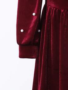 Glamorique Kids Đầm midi chữ A cổ tròn tay bồng khoét sâu họa tiết ngọc trai nhung thanh lịch cổ điển cho bé gái, Đầm dự tiệc Giáng sinh - Màu Đỏ Sâu - Xem 5