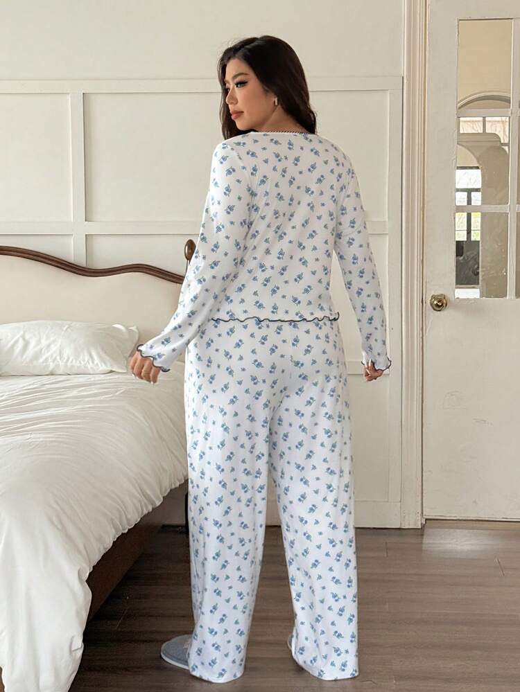 Dazy Plus 2pcs/Set Fashionable Ditsy Floral Tight Fit Long Sleeve Top And Loose Pants Pajama Set, Plus Size Women Spring/Autumn