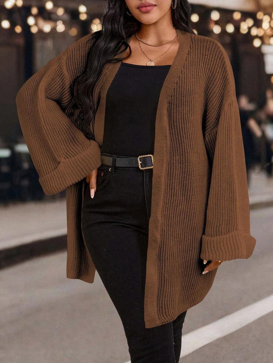 SHEIN LUNE Plus Size Casual Solid Color Dropped Shoulder Loose Cardigan, Autumn/Winter - Yellow - View 1