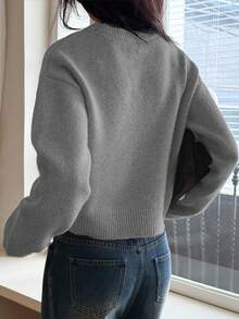 DAZY Women's Casual Drop Shoulder Solid Color Knit Sweater, Autumn - Grey - View 3