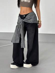 StreetHx Jeans casuales con cinturón y ajuste holgado para mujer - Negro - Ver 6