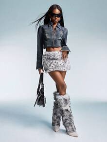 GENKIRA Váy mini cạp thấp phối họa tiết da báo lông giả phong cách Âu Mỹ gợi cảm Punk cho nữ - Màu Xám nhạt - Xem 5