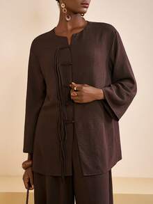 Zivah 2025 Autumn/Winter New Music Festival, Easter, St. Patrick's Day, Western, Nomadic, Birthday Party, Graduation, College Style, Student, Daily Casual, Basic Versatile, Leisure, Cruise Travel, Beach, Suing, Viral, Streetwear, Wedding Guest Boho, Commute, Brunch, Airport, Party, Holiday Outing, Elegant Banquet, New Chinese Style Button-Down Long Sleeve Brown Textured Linen Fabric Kimono-Inspired Shirt And Wide-Leg Pants 2-Piece Set - Brown - View 7