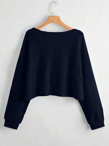 SHEIN Unity Camiseta casual holgada de mujer de manga larga con cuello en V y hombros caídos, de unicolor y de punto acanalado - Azul Marino - Ver 2