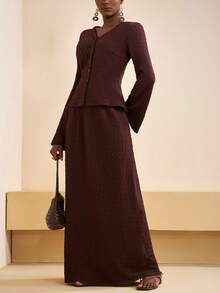 Zivah 2025 秋冬新款音乐节、复活节、圣帕特里克节、西部风、游牧风、生日派对、毕业典礼、学院风、学生装、日常休闲、基础百搭、休闲、邮轮旅行、海滩、度假、网络红、街头服饰、婚礼宾客波西米亚风、通勤、早午餐、机场、派对、节日郊游、优雅盛典 V 领长袖 TextuSkirtd 长款 A 字中长裙两件套棕色西装 - 棕色 - 查看 7