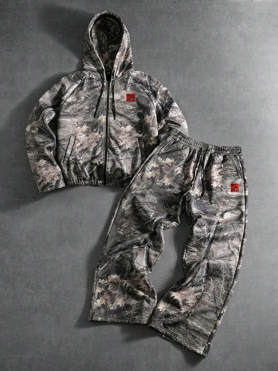 PAVTROS Men's Casual Fashion Street Full Print Zip-Up Drawstring Hooded Sweatshirt And Wide-Leg Sweatpants Set, Spring/Autumn Men 2 Piece Set Camo 2 Piece Set Men - Multicolor - View 1